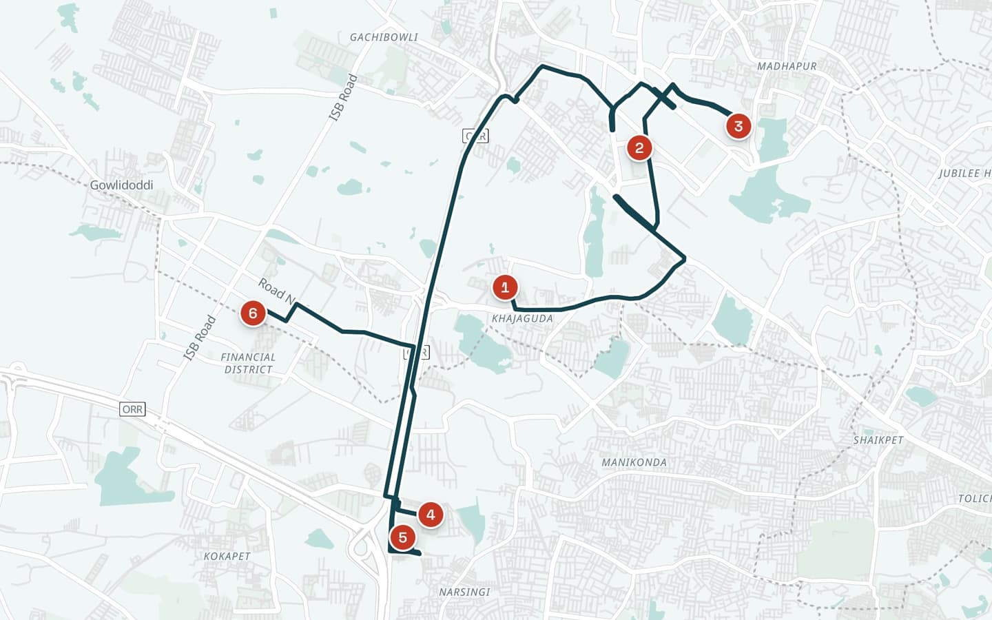 Map of day 2, The school and three homes, with 6 numbered stops