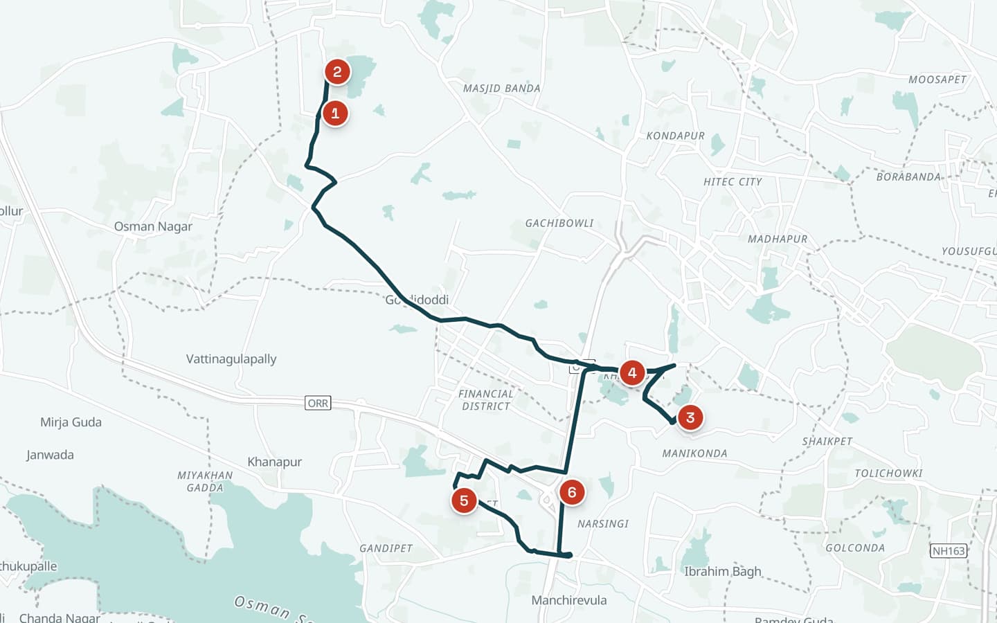 Map of day 3, Three homes and the bank, with 6 numbered stops
