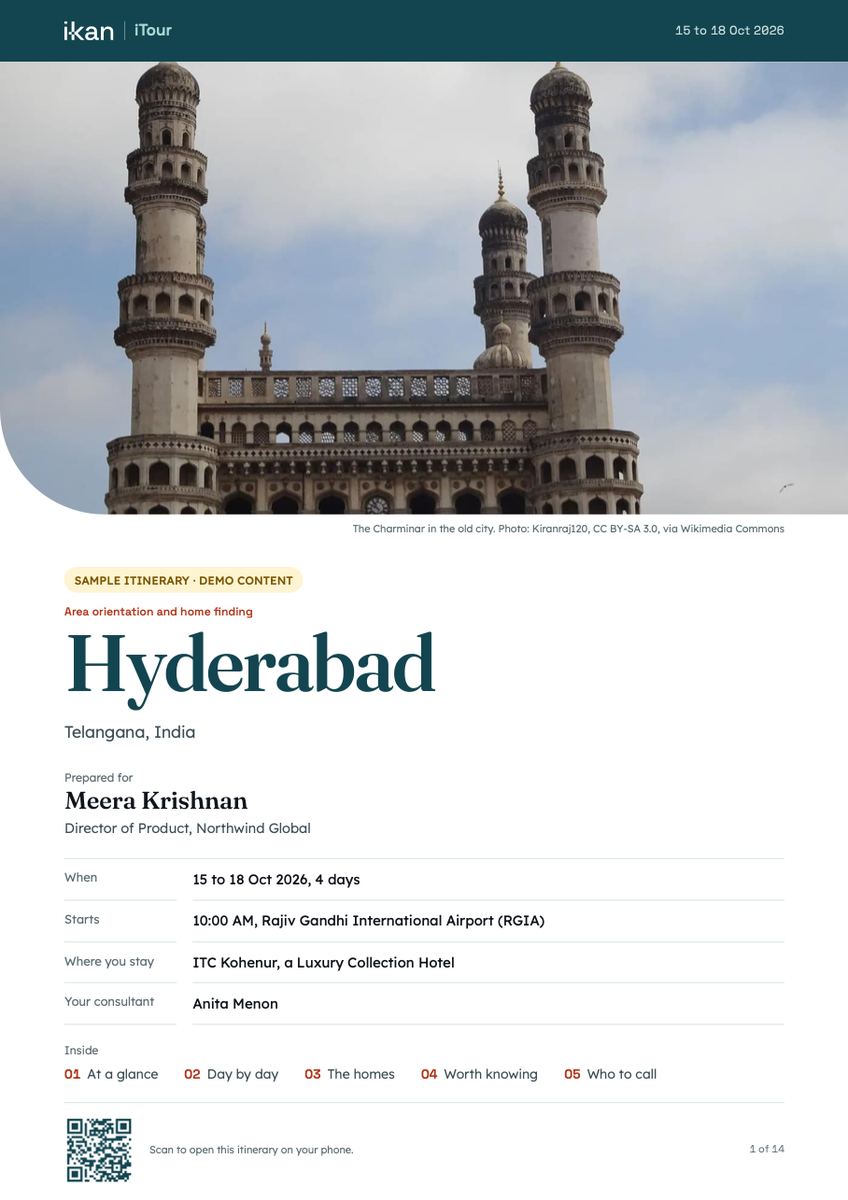 The cover of the sample PDF: the Charminar, Hyderabad, prepared for Meera Krishnan
